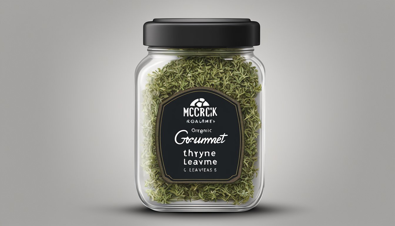 A small glass jar filled with McCormick Gourmet Organic Thyme Leaves, with the label prominently displayed