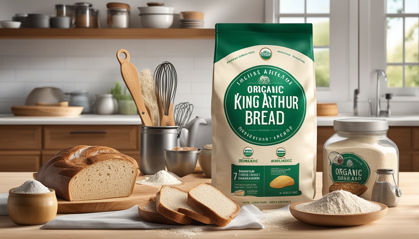 A bag of King Arthur organic bread flour sits on a clean, well-lit kitchen counter, surrounded by various baking tools and ingredients