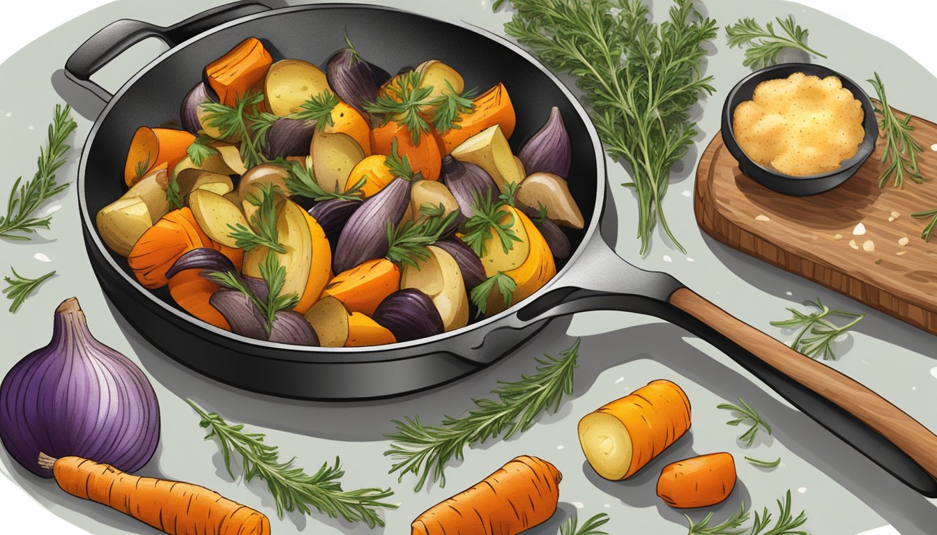 Fresh thyme leaves sprinkled over a sizzling pan of roasted vegetables