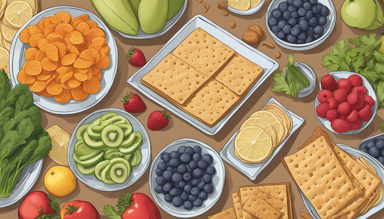 A table spread with a variety of colorful, healthy snacks, including a stack of Mary's Gone Crackers Organic Original Crackers, surrounded by fresh fruits and vegetables