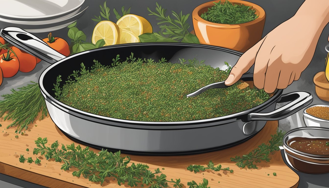 A hand sprinkles McCormick Gourmet organic thyme leaves onto a sizzling pan of food