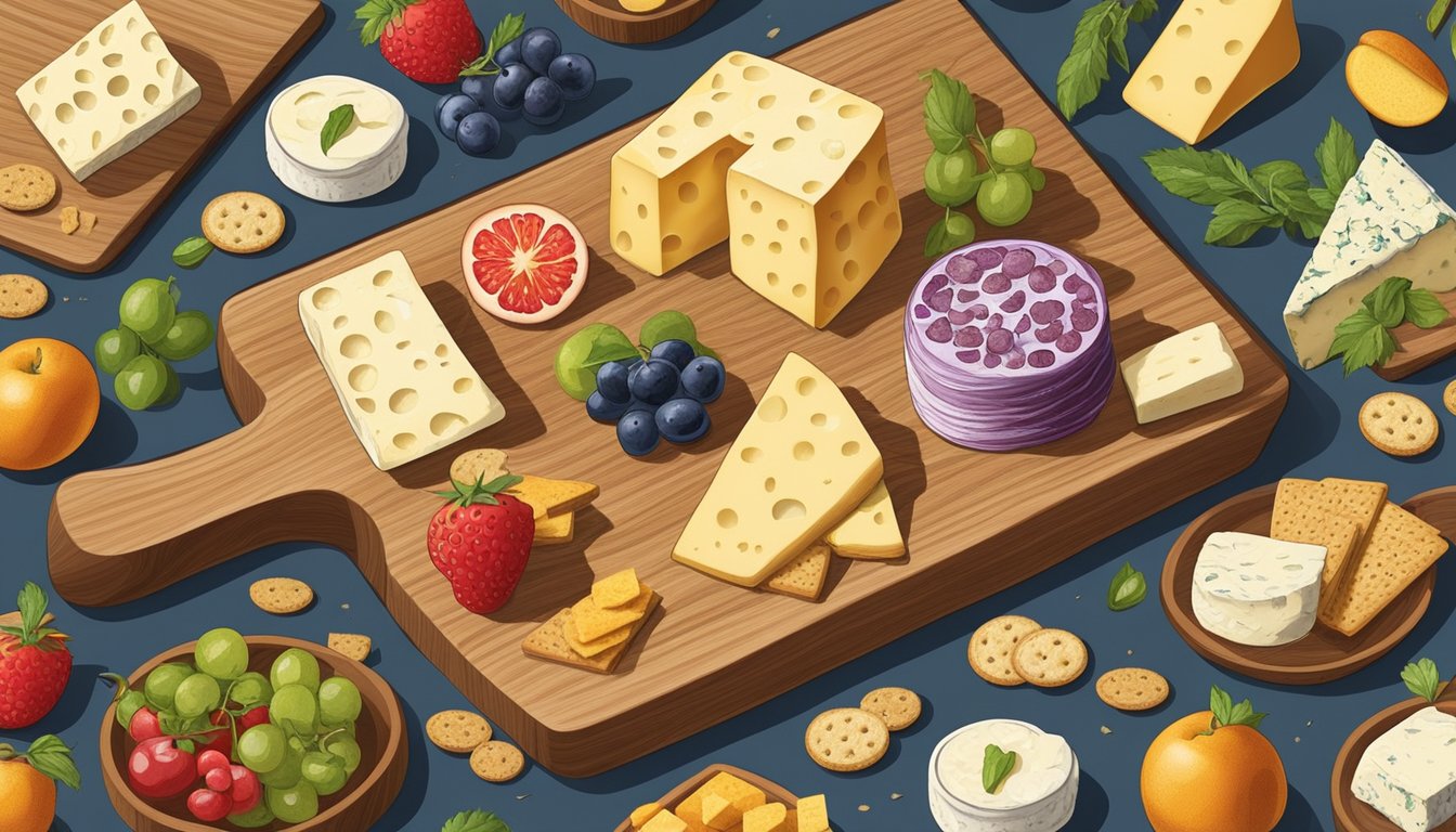 A wooden cutting board with a variety of cheeses, fruits, and spreads, surrounded by a few scattered Mary's Gone Crackers Organic Original Crackers