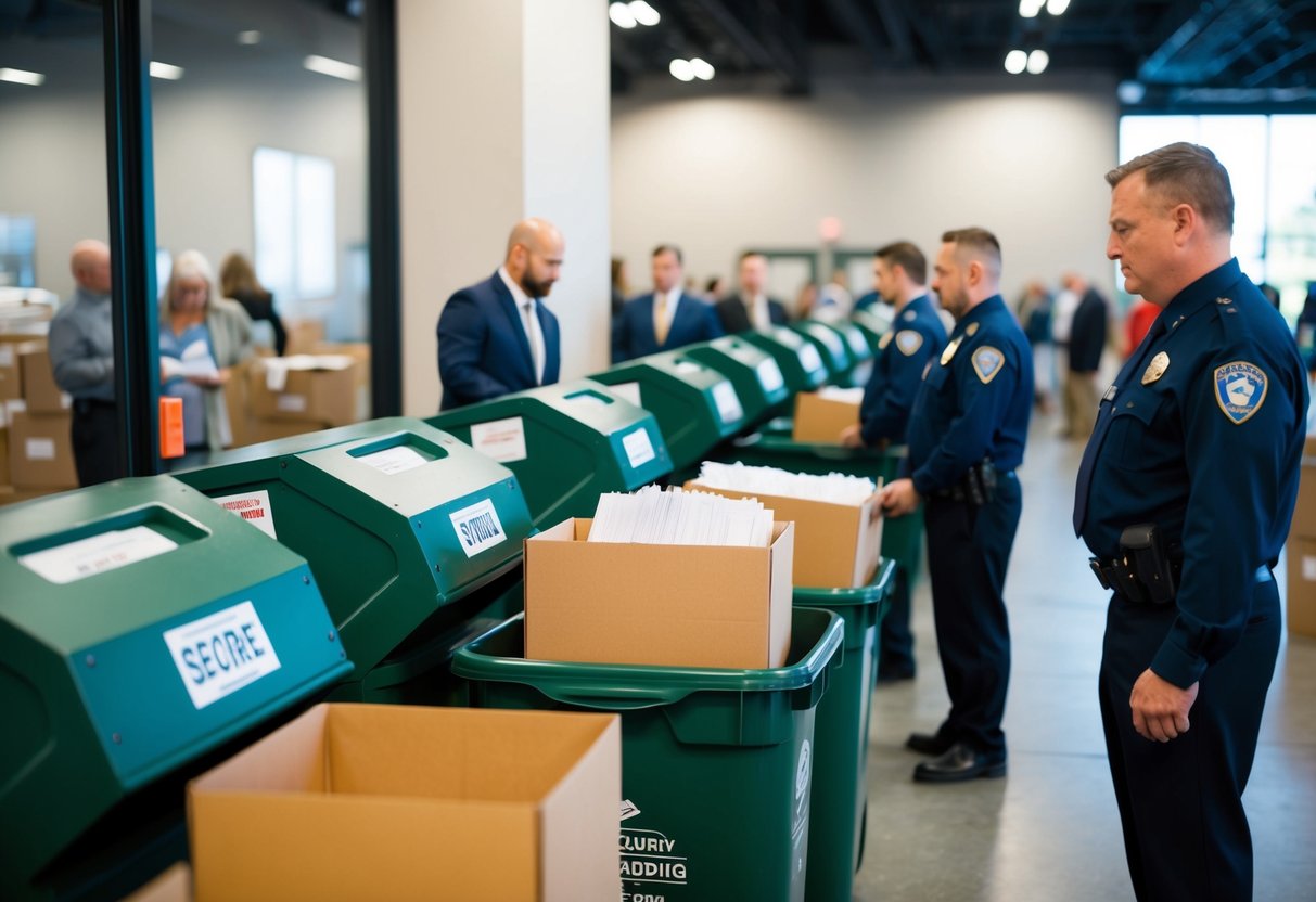 A line of people dropping off boxes of documents at a secure shredding event, with security personnel overseeing the process