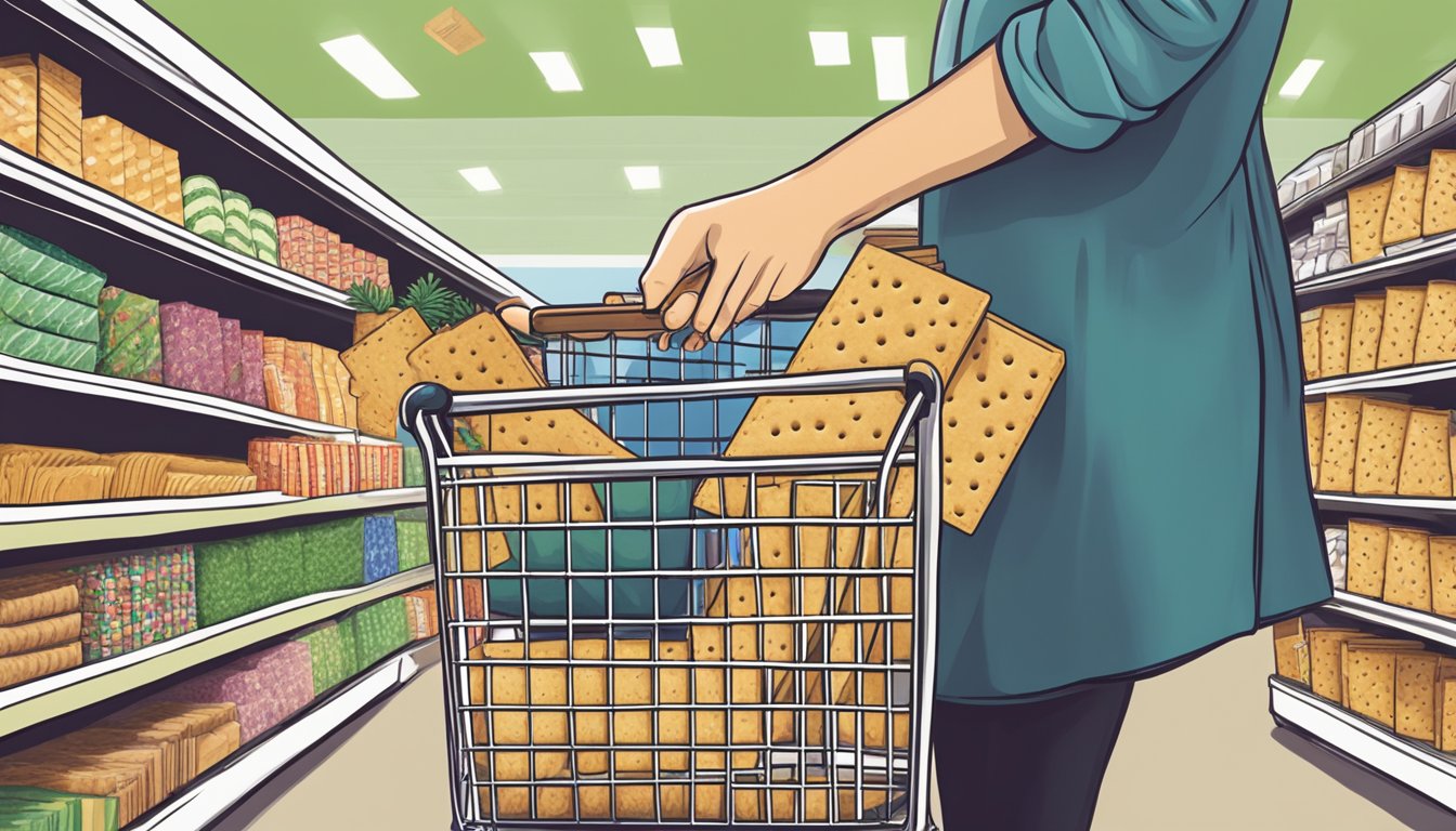 A hand placing Mary's Gone Crackers Organic Original Crackers into a shopping cart at a grocery store