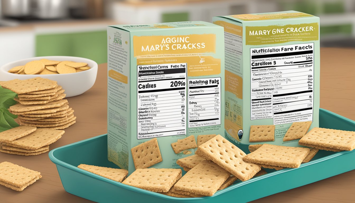 A table with a box of Mary's Gone Crackers Organic Original Crackers and a nutritional facts panel