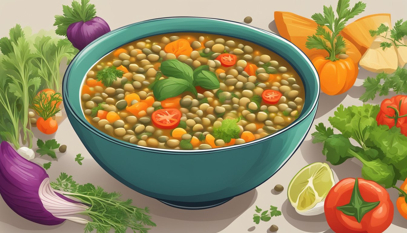 A bowl of lentil vegetable soup surrounded by fresh, colorful vegetables and herbs