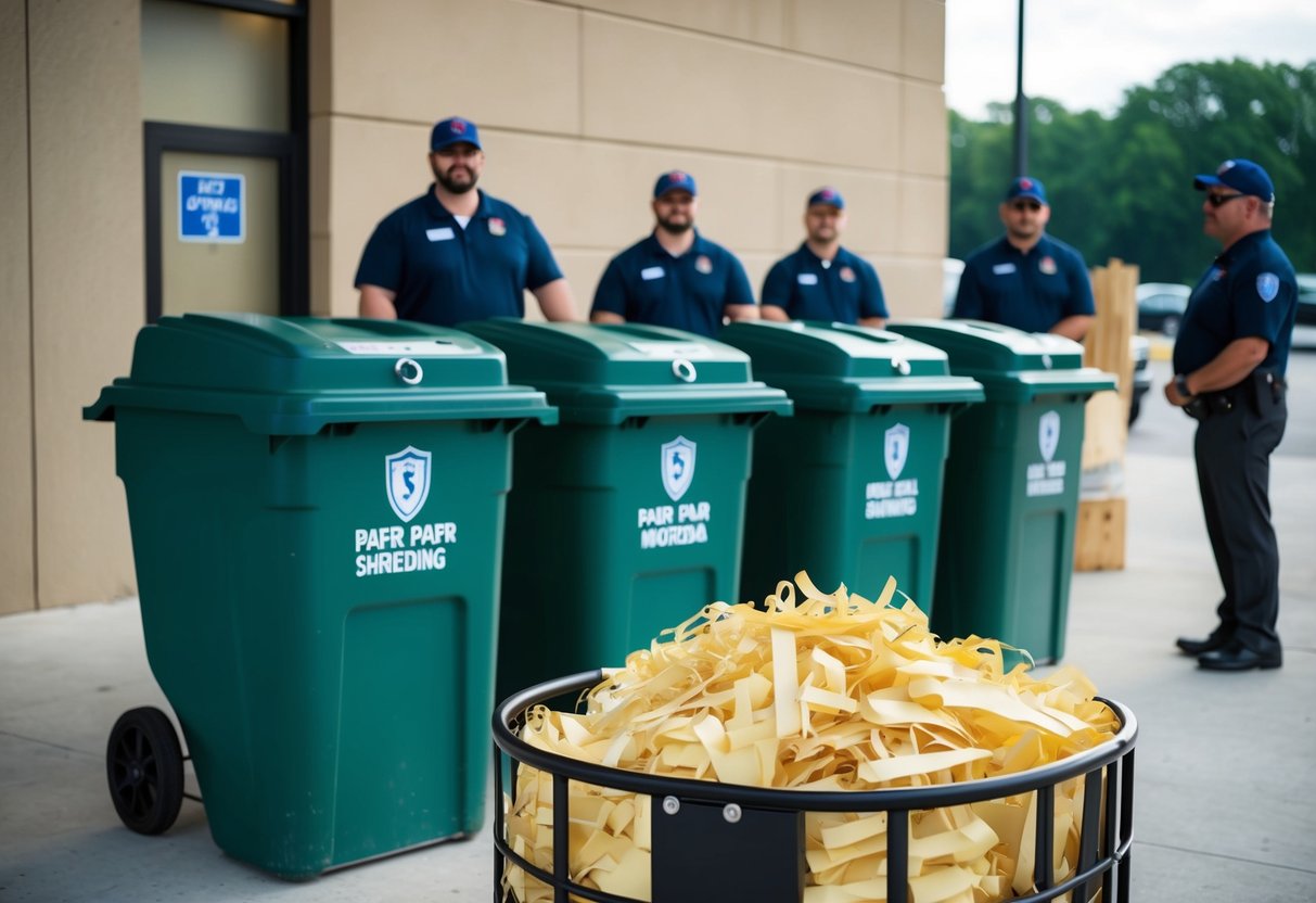 A secure paper shredding event with locked bins, surveillance cameras, and staff monitoring the drop-off area