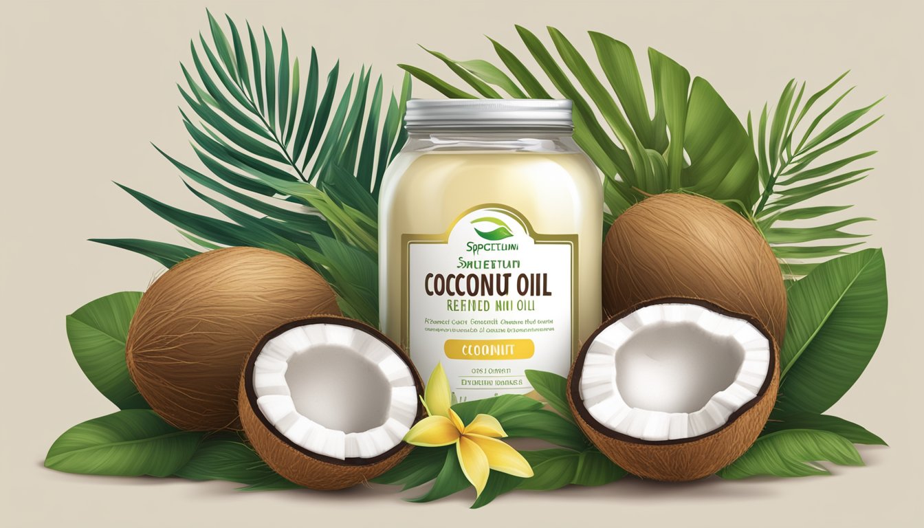 A jar of Spectrum Naturals organic refined coconut oil surrounded by fresh coconuts and tropical foliage