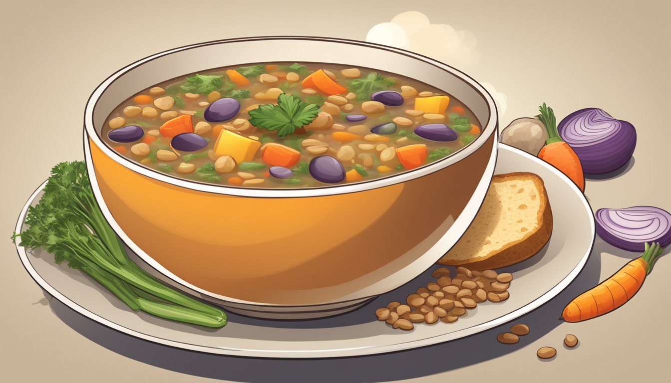 A steaming bowl of hearty lentil vegetable soup, with chunks of colorful vegetables and a rich, savory aroma