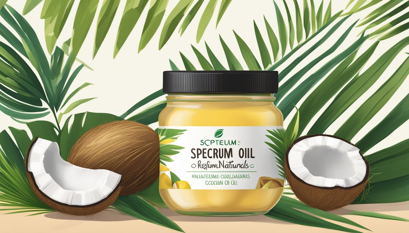 A jar of Spectrum Naturals organic refined coconut oil surrounded by fresh coconuts and palm leaves