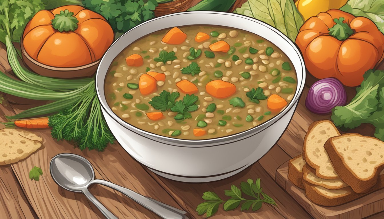 A steaming bowl of Amy's Organic Lentil Vegetable Soup surrounded by fresh vegetables and herbs on a rustic wooden table