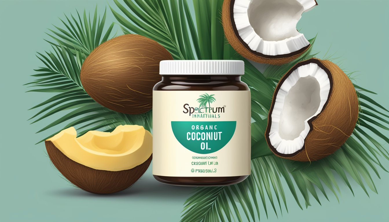 A jar of Spectrum Naturals organic refined coconut oil surrounded by tropical coconuts and palm leaves