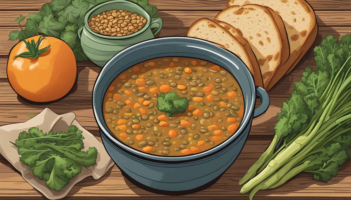 A steaming bowl of Amy's Organic Lentil Vegetable Soup sits on a rustic wooden table, surrounded by fresh vegetables and a crusty loaf of bread