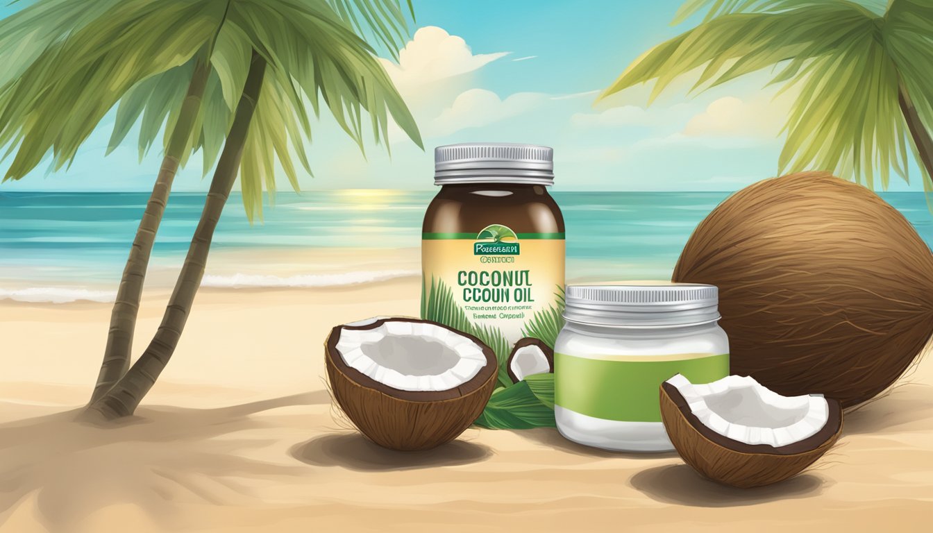 A tropical beach with a coconut tree, coconuts, and a jar of Spectrum Naturals organic refined coconut oil