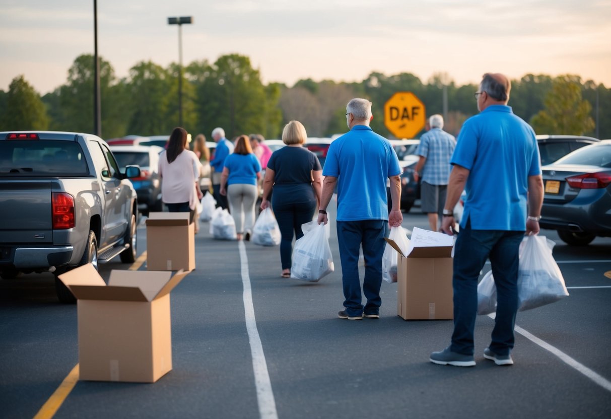 A line of people waiting with boxes and bags of documents at a community center parking lot for a one-time shredding event