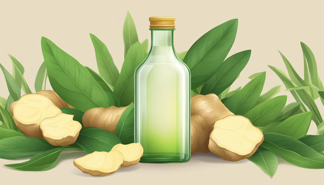 A bottle of ginger juice surrounded by fresh ginger roots and green leaves