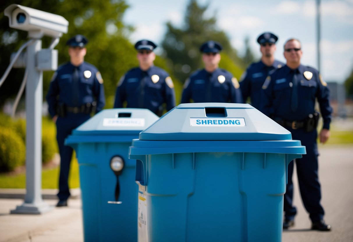 A secure shredding event with locked bins, security personnel, and surveillance cameras in the background