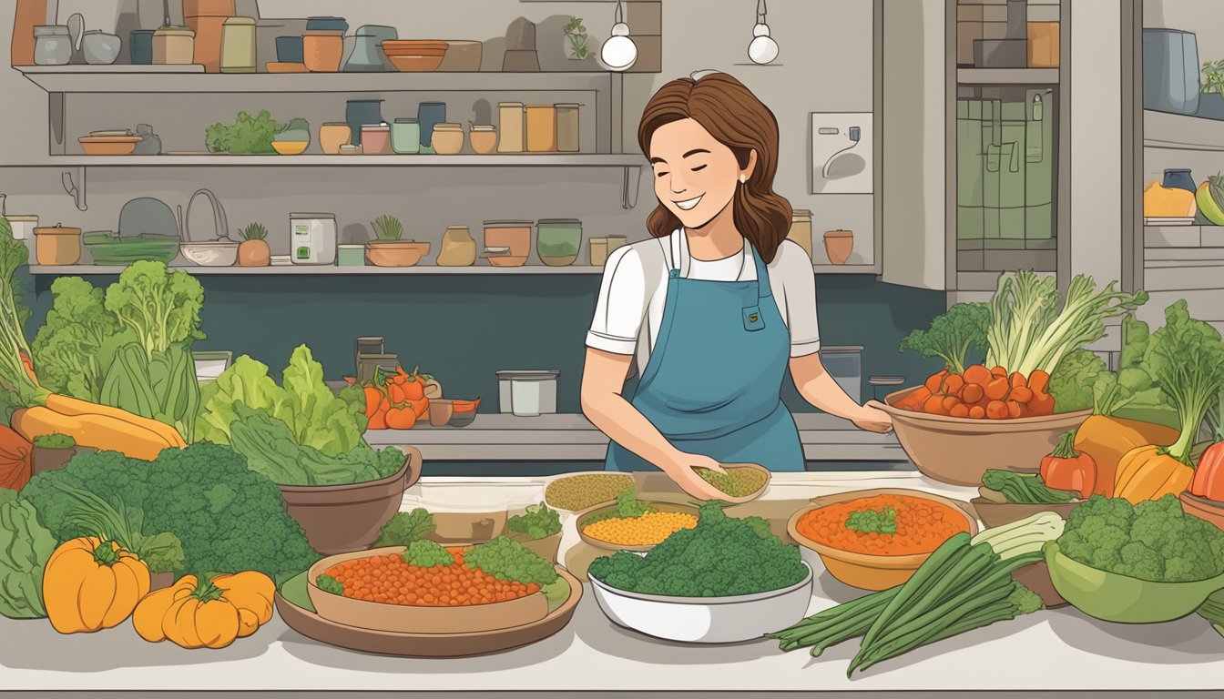 A steaming bowl of Amy's Organic Lentil Vegetable Soup surrounded by colorful vegetables and a friendly customer service representative