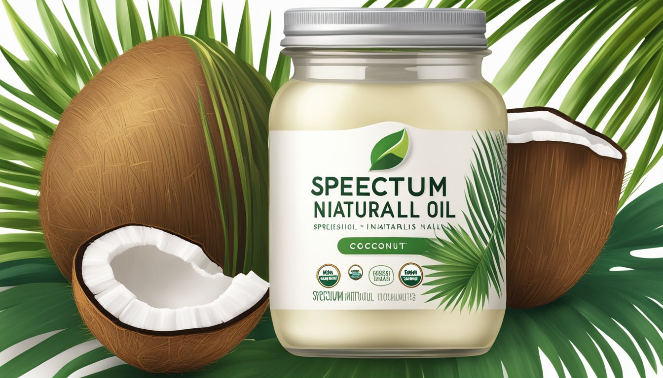 A jar of Spectrum Naturals organic refined coconut oil surrounded by tropical coconuts and palm leaves