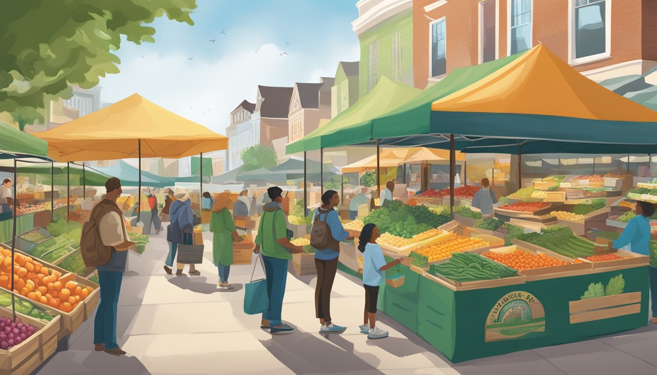 A bustling farmers' market with vibrant, fresh produce and eco-friendly packaging for Amy's Organic Soups. Customers engage in conversation about environmental and social responsibility