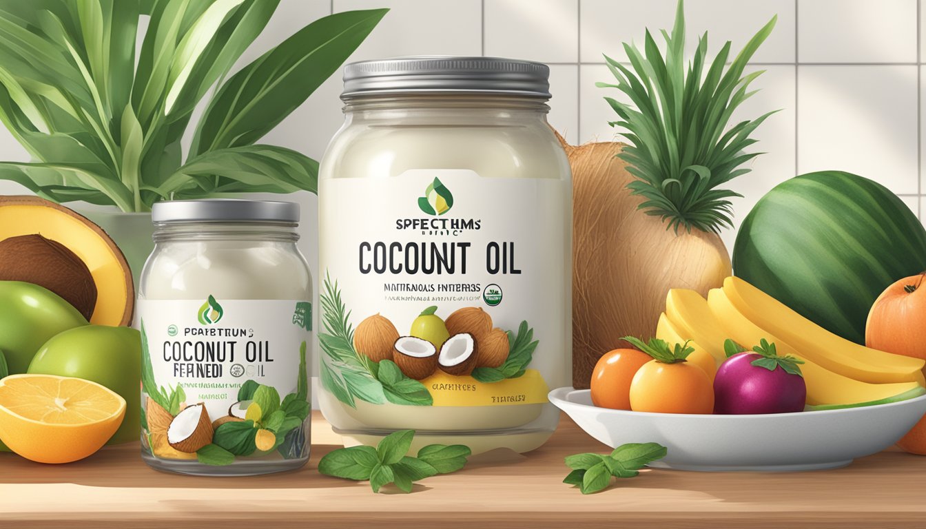 A kitchen counter with a jar of Spectrum Naturals Organic Refined Coconut Oil surrounded by fresh ingredients like fruits, vegetables, and herbs