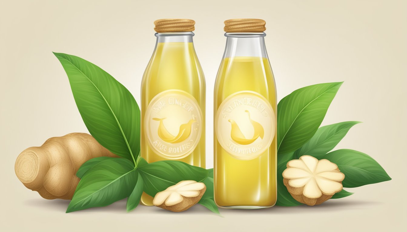 A glass bottle of ginger juice surrounded by fresh ginger roots and green leaves