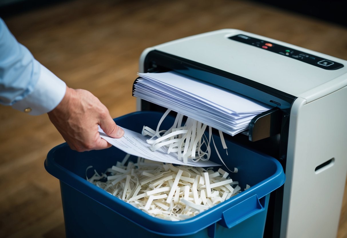 A stack of papers being fed into a shredder, with shredded paper collecting in a bin below