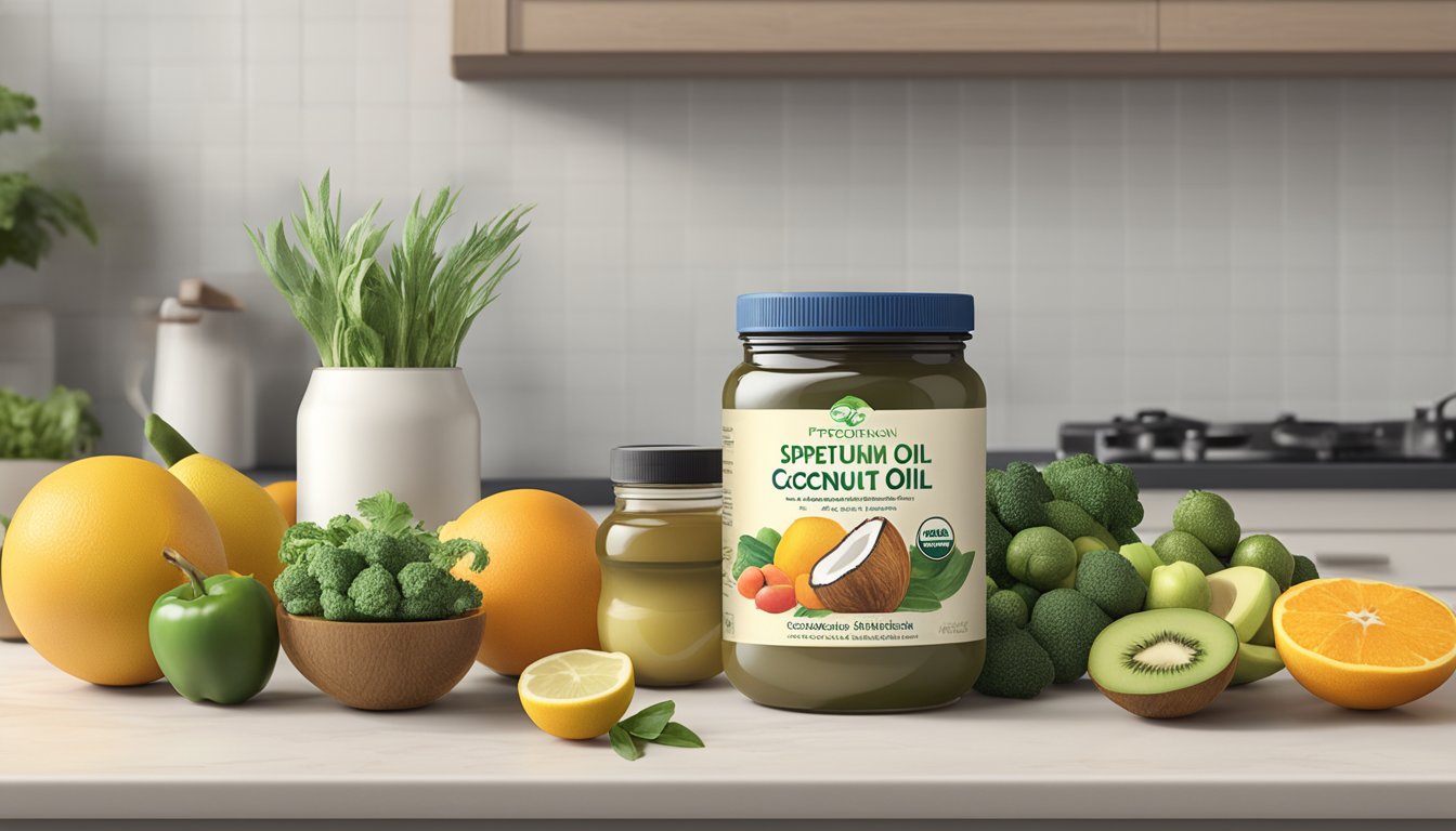 A jar of Spectrum Naturals organic refined coconut oil surrounded by various fruits and vegetables on a kitchen countertop