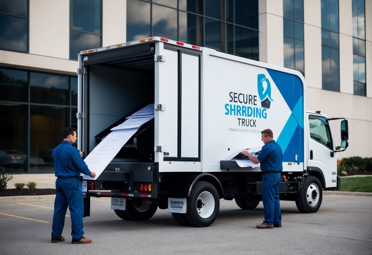 A secure shredding truck parked outside an office building, with a worker feeding documents into the shredder while another worker oversees the process