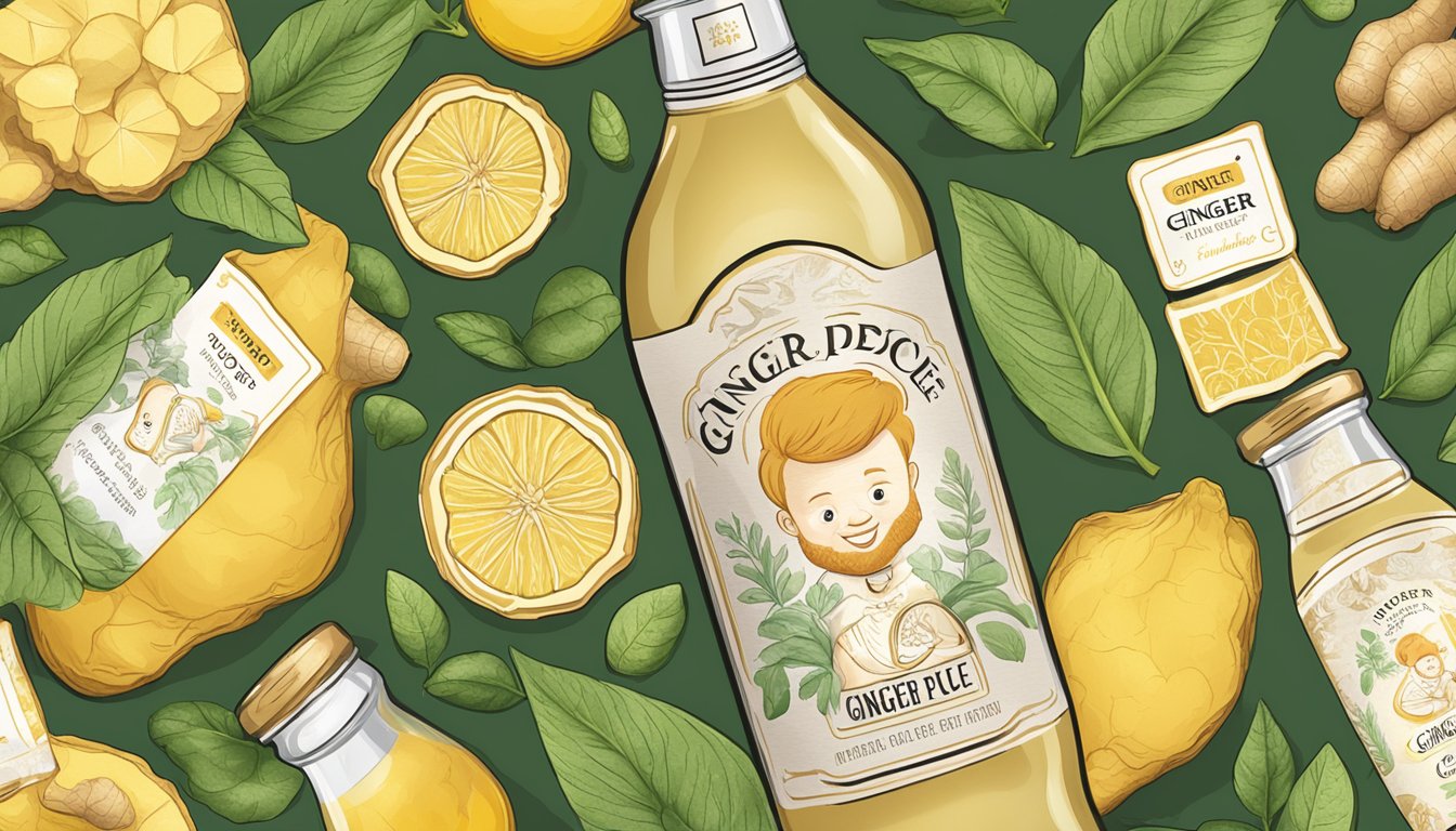 A bottle of ginger juice with a label featuring the "Ginger People" logo, surrounded by fresh ginger root and a glass filled with the juice