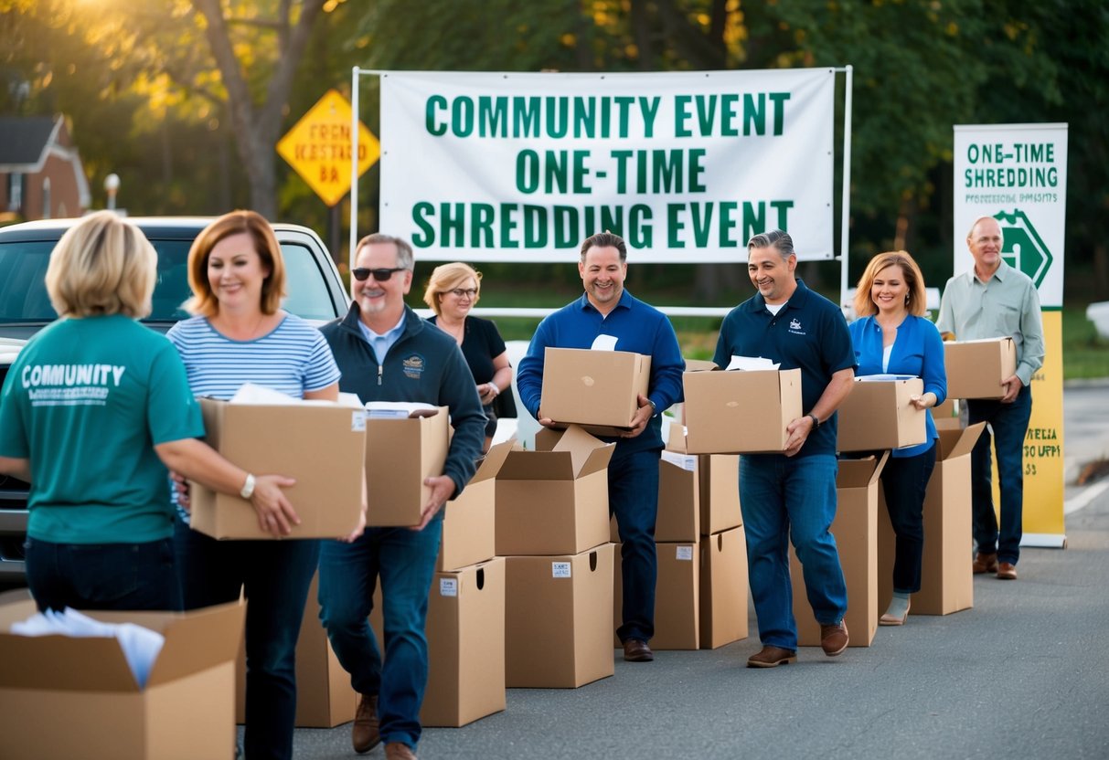 A group of people dropping off boxes of paper at a community event. A banner and signs promote the one-time shredding event