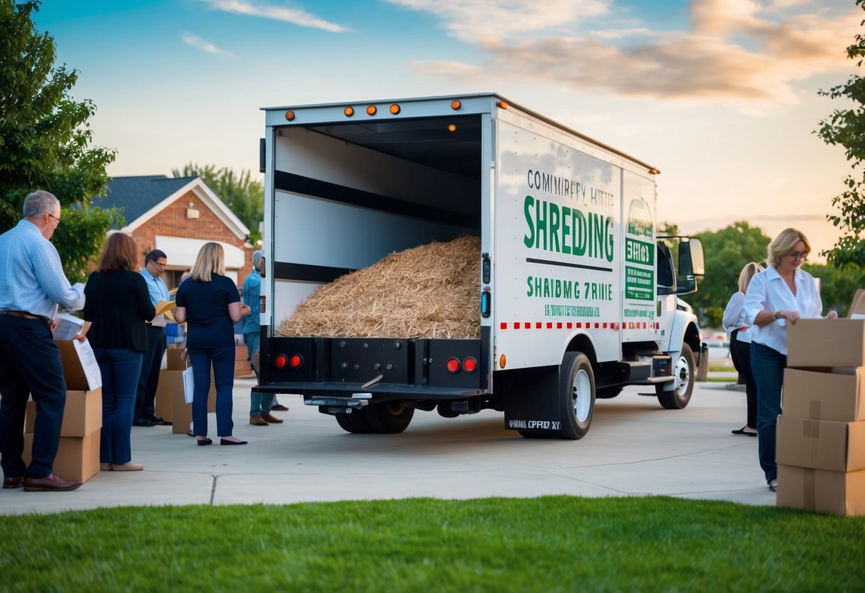 A locked and secure shredding truck surrounded by a community event with people dropping off sensitive documents