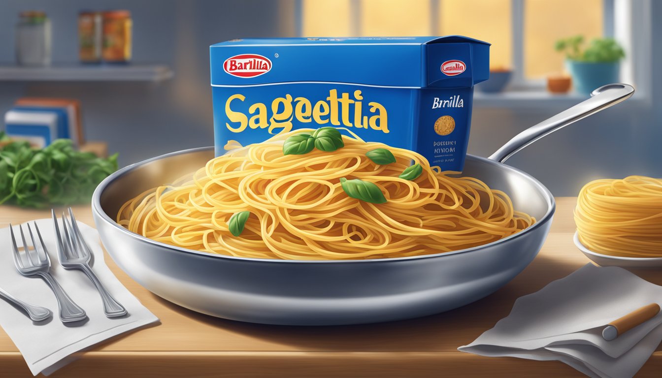 A steaming pot of spaghetti pasta with the iconic blue Barilla box in the background