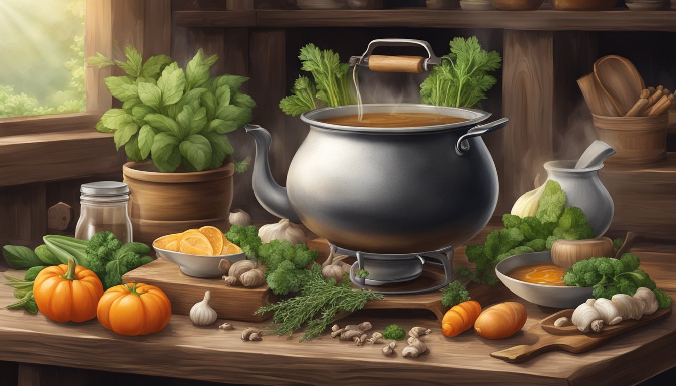 A steaming kettle of bone broth sits on a rustic wooden table, surrounded by various ingredients like herbs, vegetables, and bones