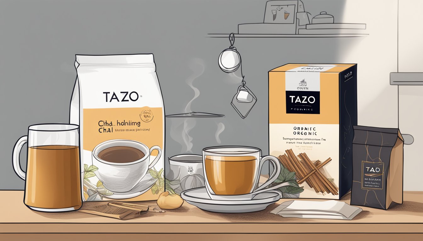 A cozy kitchen with a steaming cup of Tazo organic chai black tea next to a box of tea bags and a shopping guide