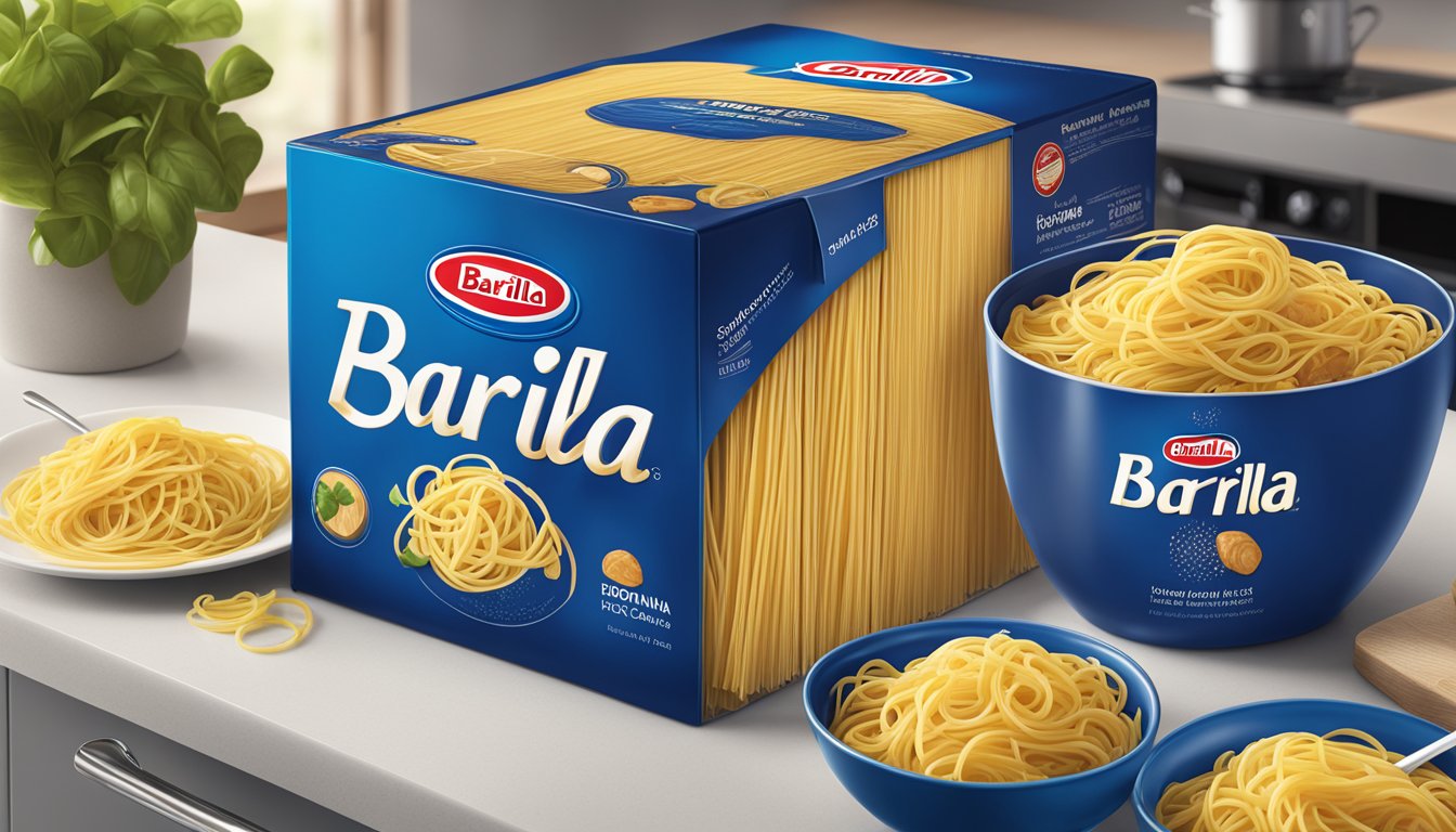 A box of Barilla classic blue box spaghetti pasta on a kitchen counter