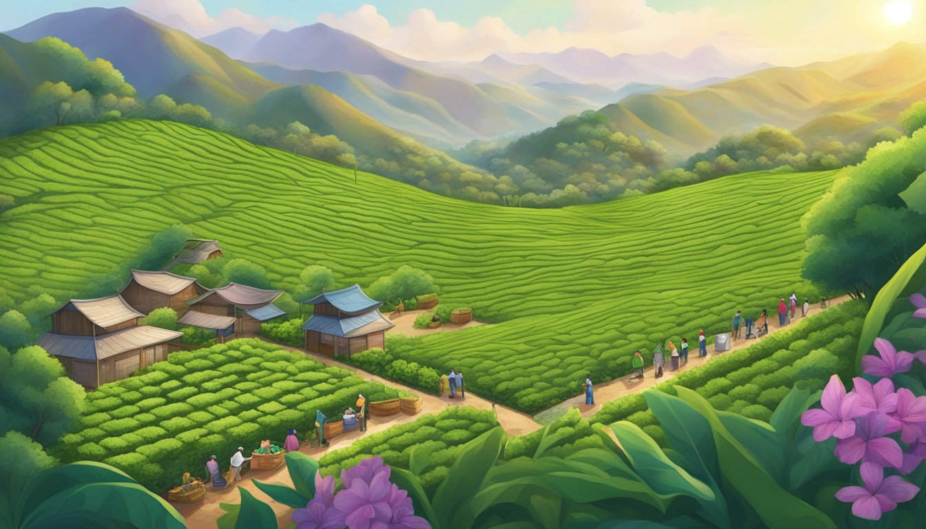 A lush, thriving tea plantation with workers tending to the crops, surrounded by a community garden and sustainable infrastructure