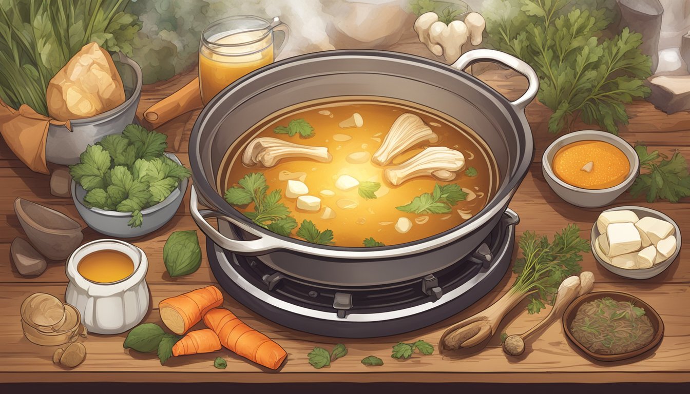 A simmering pot of bone broth surrounded by natural ingredients and a warm, inviting atmosphere