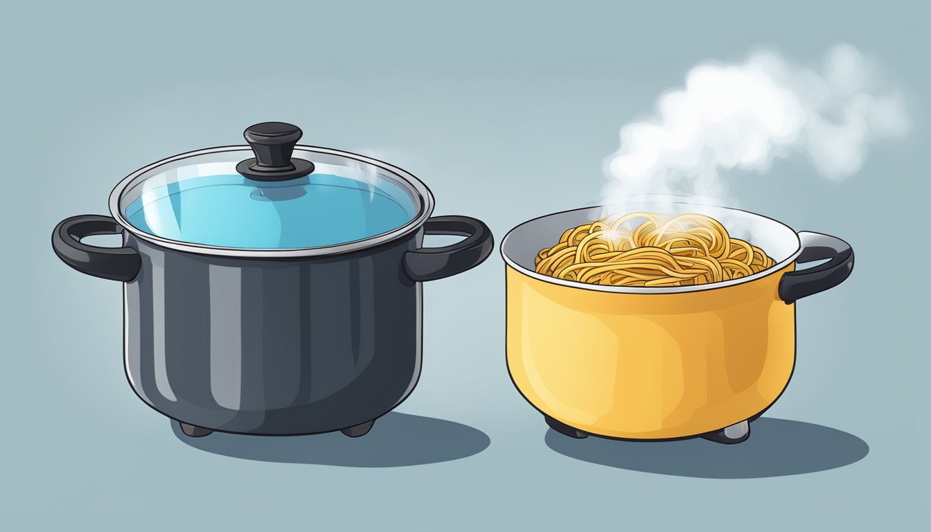 A pot of boiling water with spaghetti cooking inside, steam rising