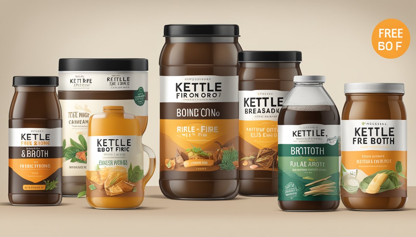 A table displays a variety of kettle & fire bone broth products, with a large banner unveiling the new product range