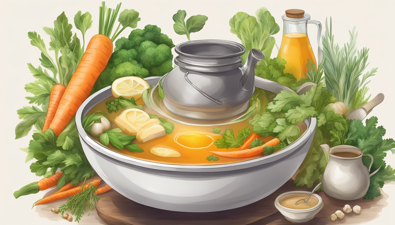 A steaming kettle pours bone broth into a bowl, surrounded by vibrant vegetables and herbs