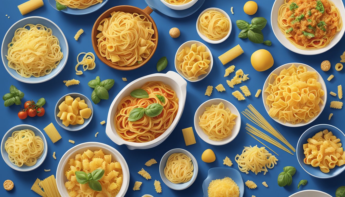 A bowl of Barilla Classic Blue Box spaghetti surrounded by various shapes and sizes of pasta