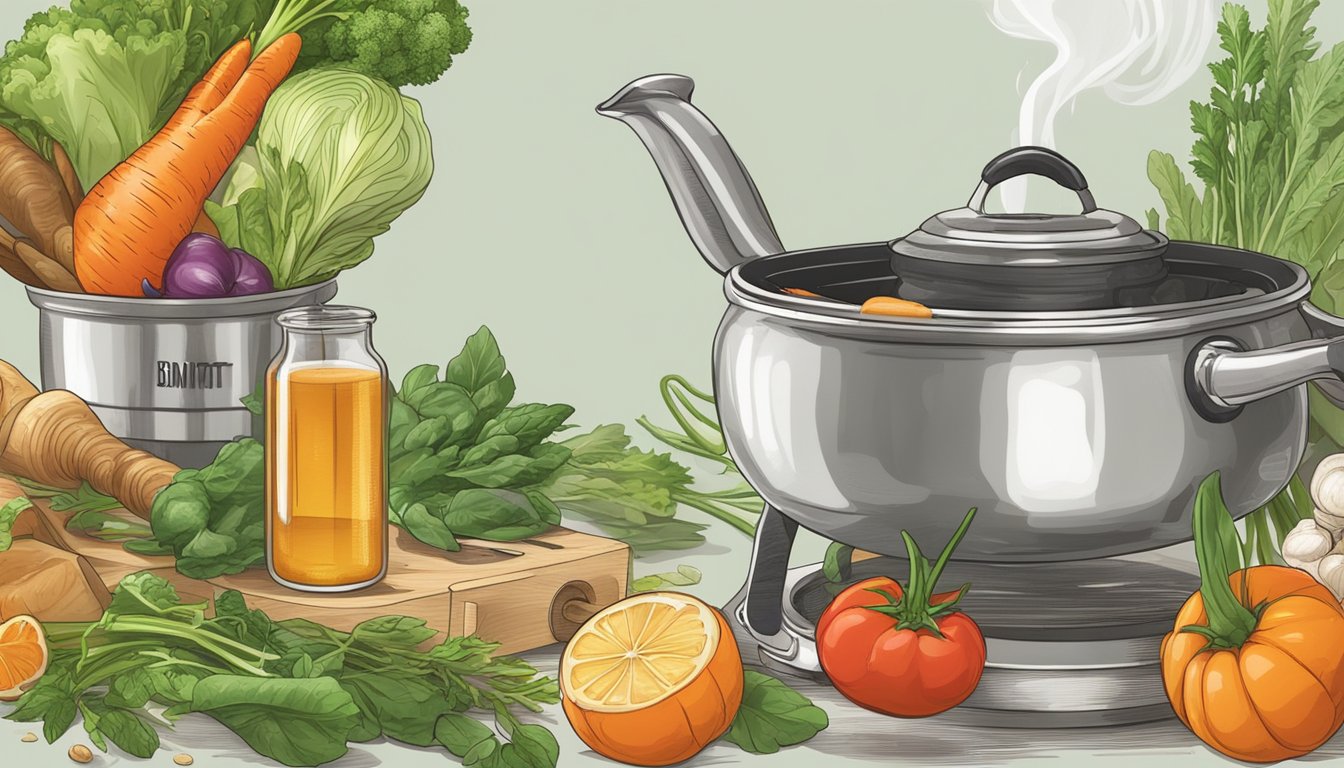 A steaming kettle pours rich bone broth into a simmering pot, surrounded by fresh vegetables and herbs