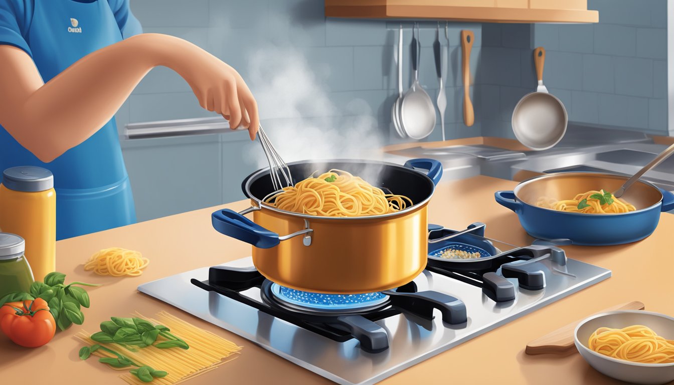 A person cooking Barilla classic blue box spaghetti pasta in a pot on the stove