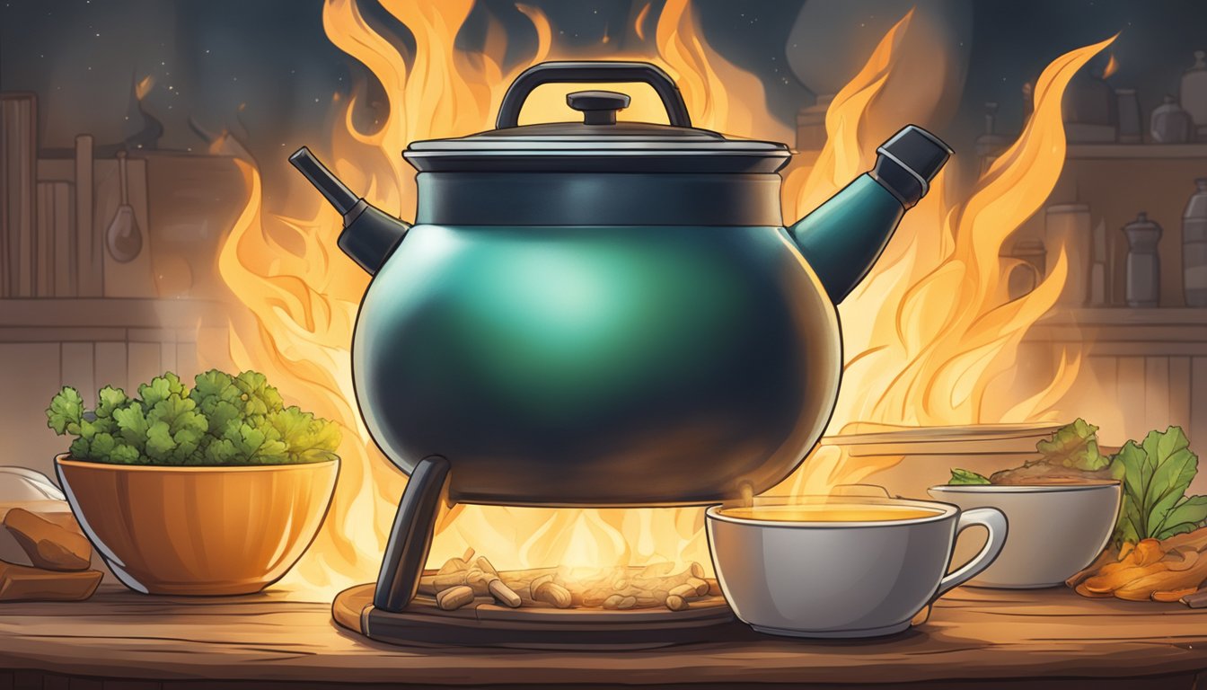 A steaming kettle pours bone broth into a glowing fire, as the label "Benefits Beyond the Body" is unveiled