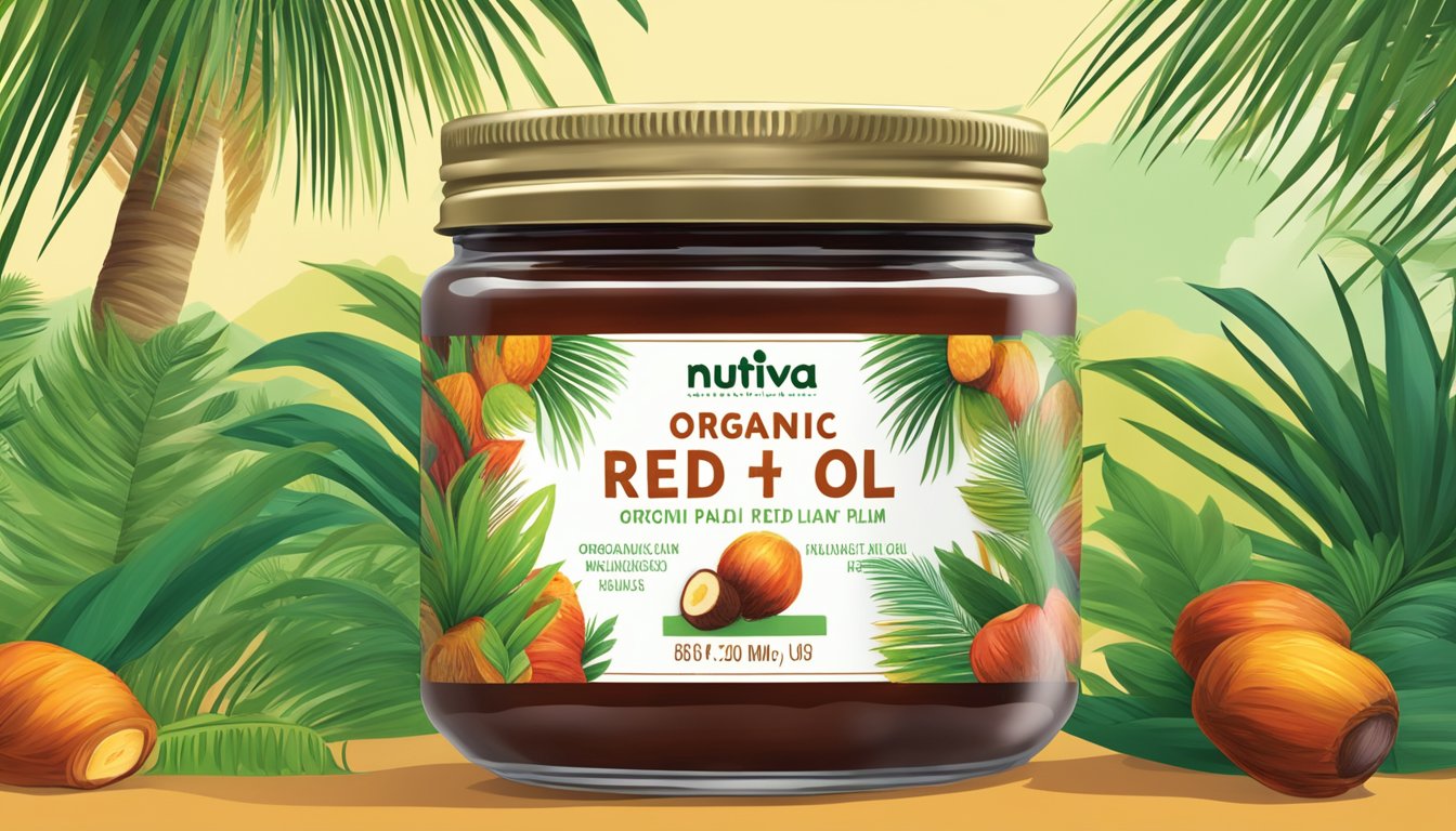 A clear glass jar filled with Nutiva Organic Red Palm Oil, surrounded by vibrant palm trees and tropical foliage