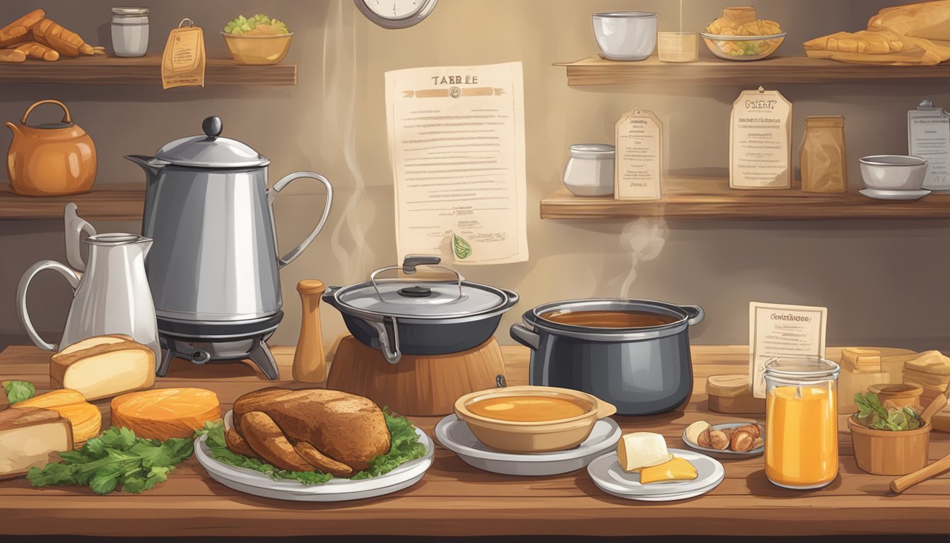 A table with various food labels and certifications, with a kettle and fire in the background, and a pot of bone broth being unveiled