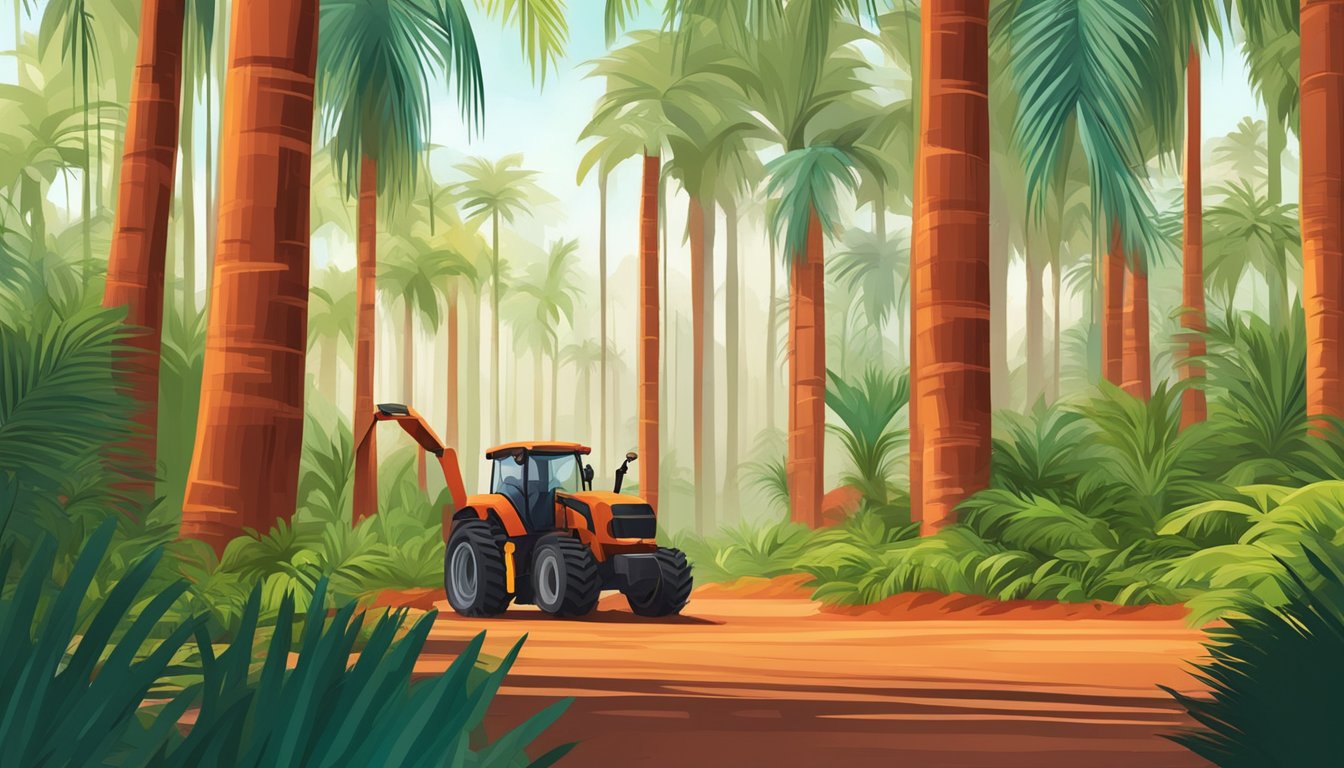 A lush palm tree forest with vibrant red palm oil being harvested and processed in a sustainable and eco-friendly manner