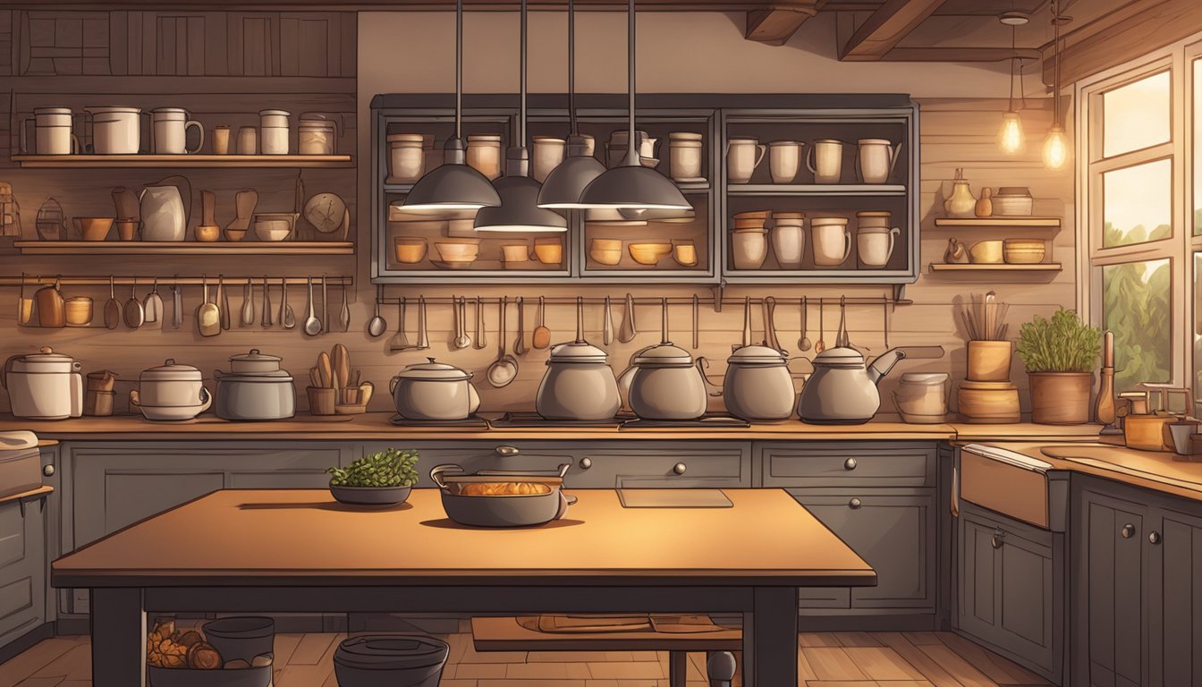 A cozy kitchen with shelves of Kettle & Fire bone broth varieties on display, with warm lighting and inviting ambiance