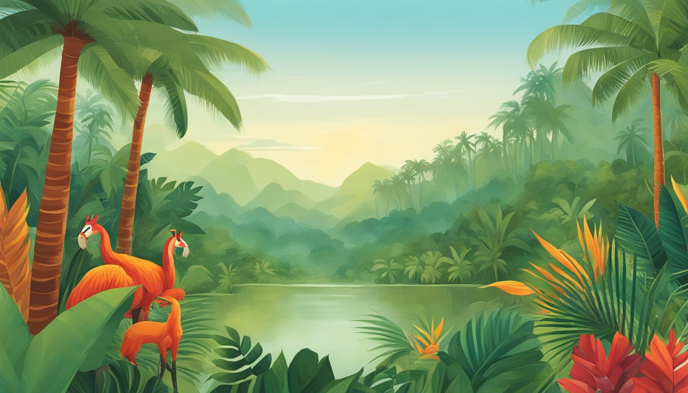 A serene tropical rainforest with vibrant red palm trees and diverse wildlife, showcasing the sustainable and environmentally friendly production of Nutiva Organic Red Palm Oil